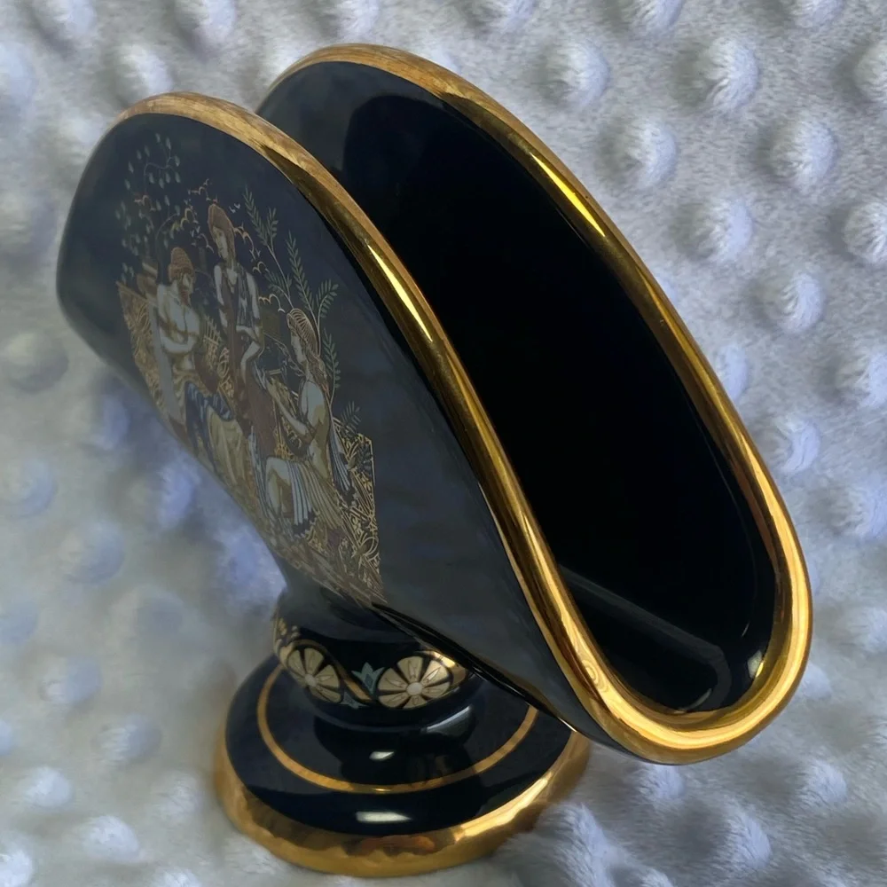 Vintage Handmade Greek Fakiolas Ceramic Napkin Holder with 24K Gold Accents